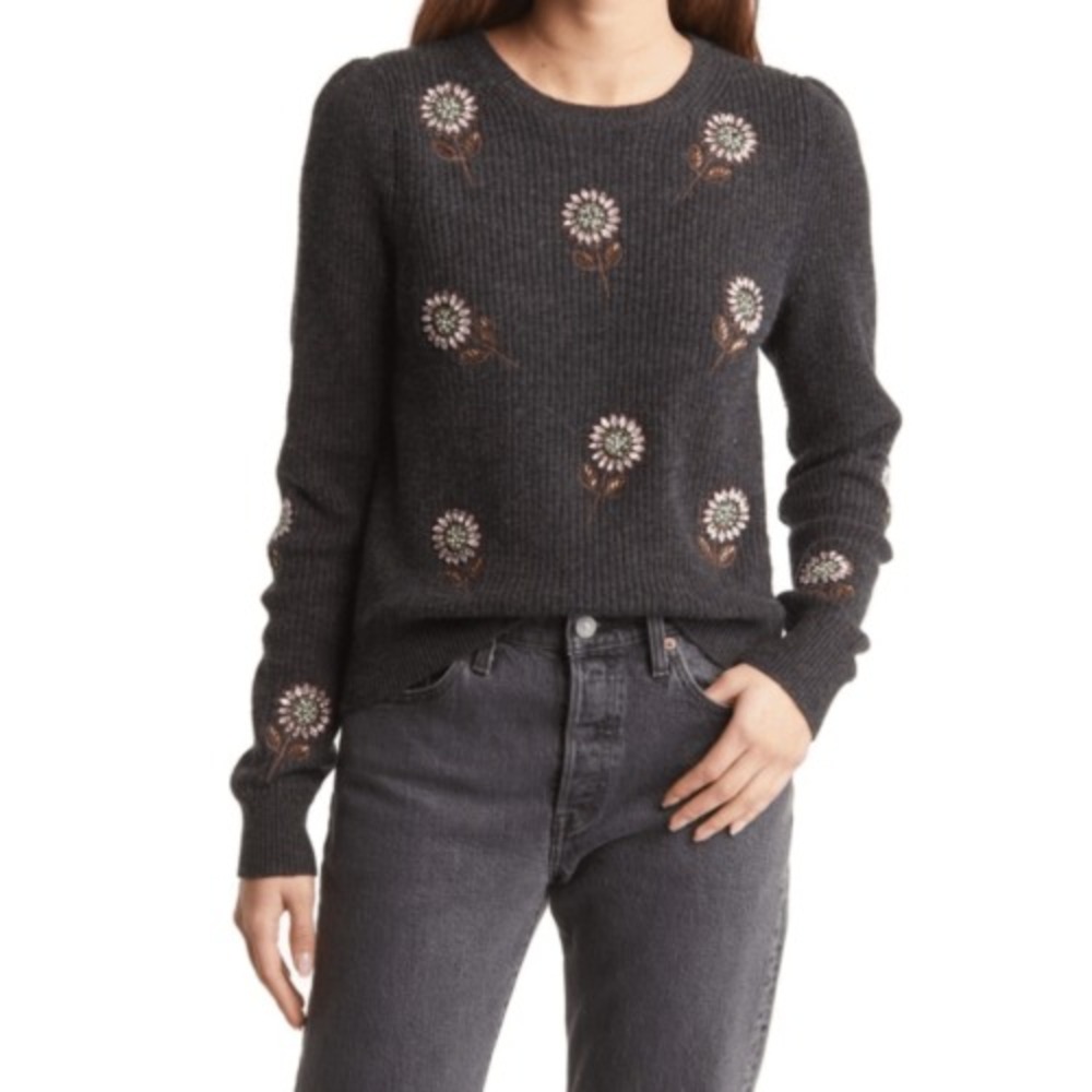 Boden Sweater Crystal Flower Embellished Alpaca Wool Women 2 Gray Ribbed New